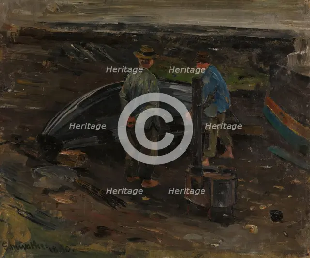 Boys taring a Boat, Nevlunghavn, 1880. Creator: Gerhard Munthe.