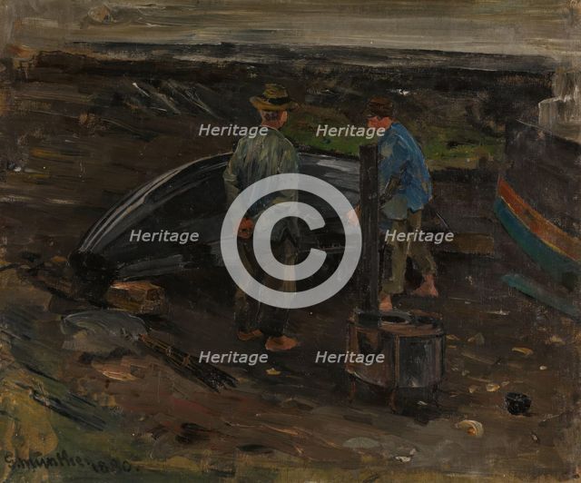 Boys taring a Boat, Nevlunghavn, 1880. Creator: Gerhard Munthe.