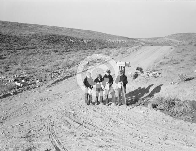Boys wait for school bus in the morning, Malheur County, Oregon, 1939. Creator: Dorothea Lange.