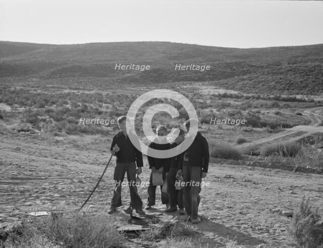 Boys wait for school bus in the morning, Malheur County, Oregon, 1939. Creator: Dorothea Lange.