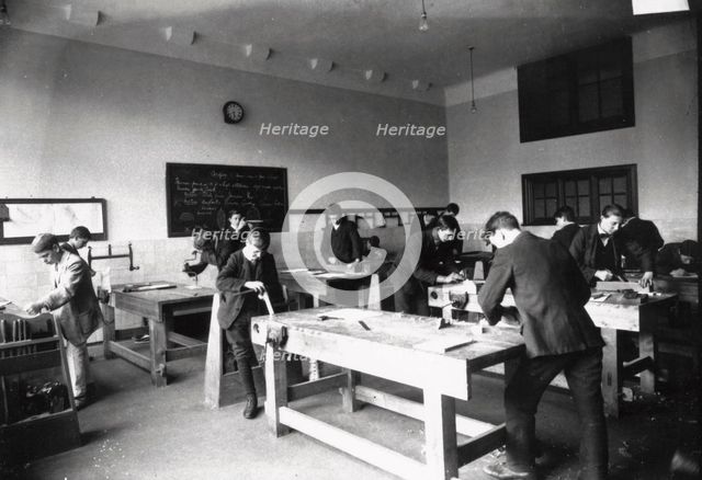 Boys woodwork class, Rowntree’s , York, Yorkshire, 1920. Artist: Unknown