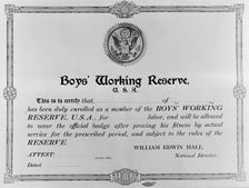 Boys Working Reserve, U.S.A. Certificate, 1917. Creator: Harris & Ewing