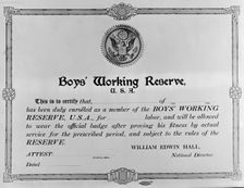 Boys Working Reserve, U.S.A. Certificate, 1917. Creator: Harris & Ewing
