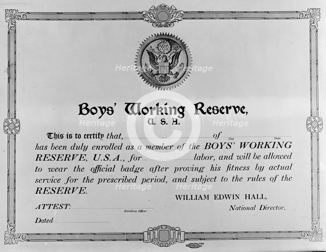 Boys Working Reserve, U.S.A. Certificate, 1917. Creator: Harris & Ewing.