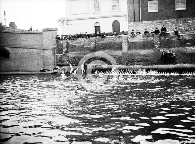 Boys bathing in a sluice on the Grand Union Canal, London, c1905. Artist: Unknown