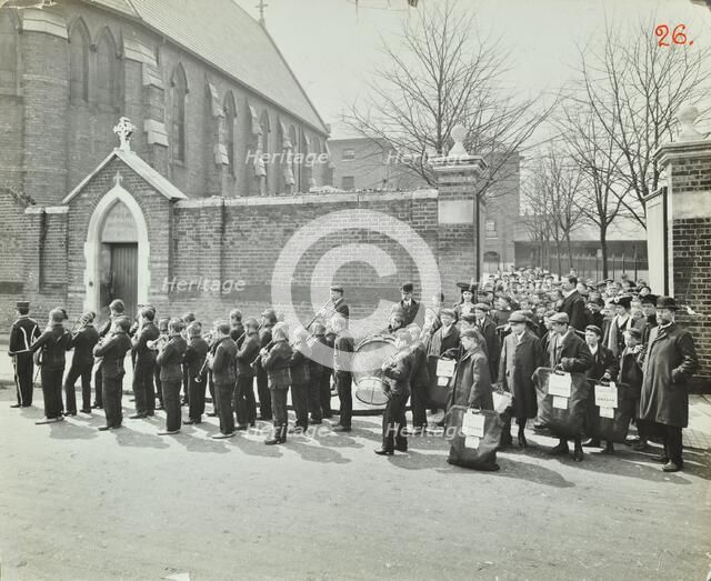 Boys emigrating to Canada setting off from Saint Nicholas Industrial School, Essex, 1908. Artist: Unknown.