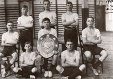 Boys gym team pose with trophy, York, Yorkshire,1912