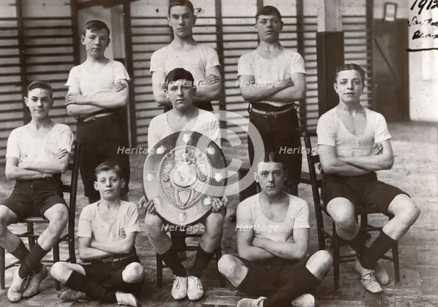 Boys gym team pose with trophy, York,  Yorkshire,1912. Artist: Unknown