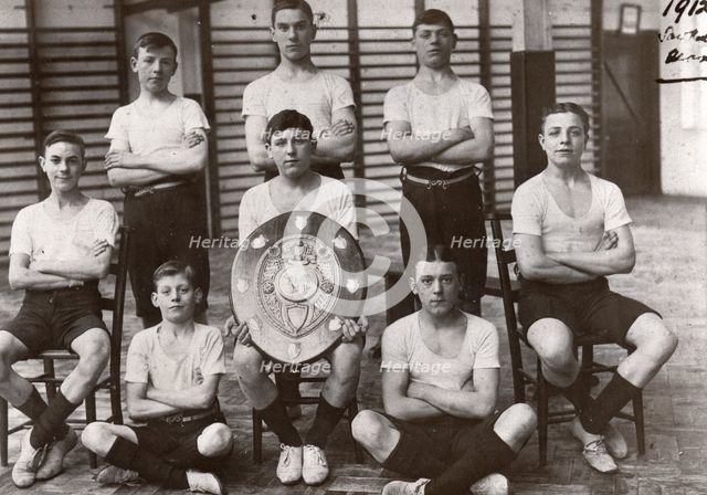 Boys gym team pose with trophy, York,  Yorkshire,1912. Artist: Unknown