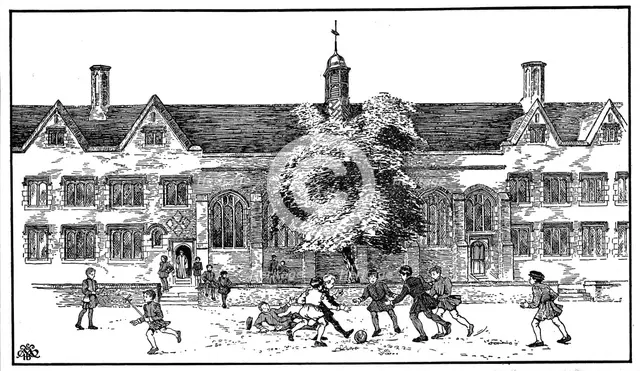 Boys in Tudor times playing football at Berkhamsted Grammar School, Hertfordshire. Artist: Unknown