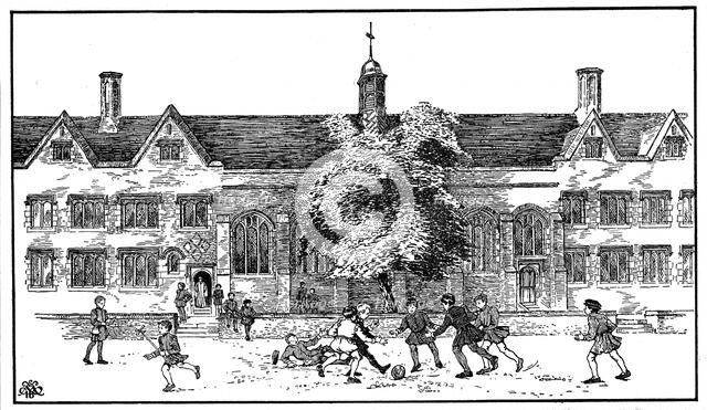 Boys in Tudor times playing football at Berkhamsted Grammar School, Hertfordshire. Artist: Unknown