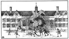 Boys in Tudor times playing football at Berkhamsted Grammar School, Hertfordshire