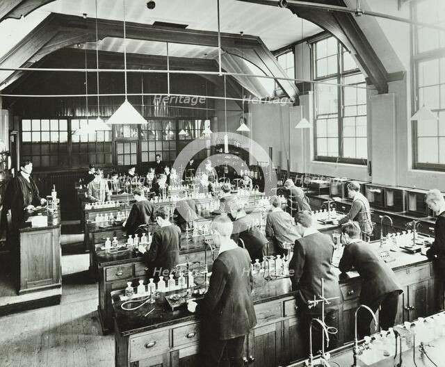 Boys in a chemistry laboratory, Hackney Downs School, London, 1911.  Artist: Unknown.