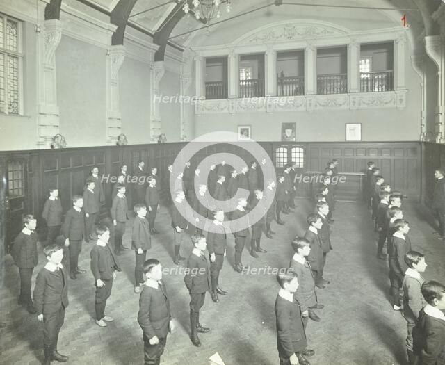 Boys lined up in the assembly hall, Beaufoy Institute, London, 1911. Artist: Unknown.