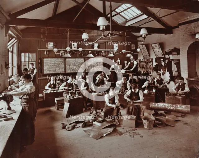 Boys making shoes at the Anerley Residential School for Elder Deaf Boys, Penge, 1908.  Artist: Unknown.