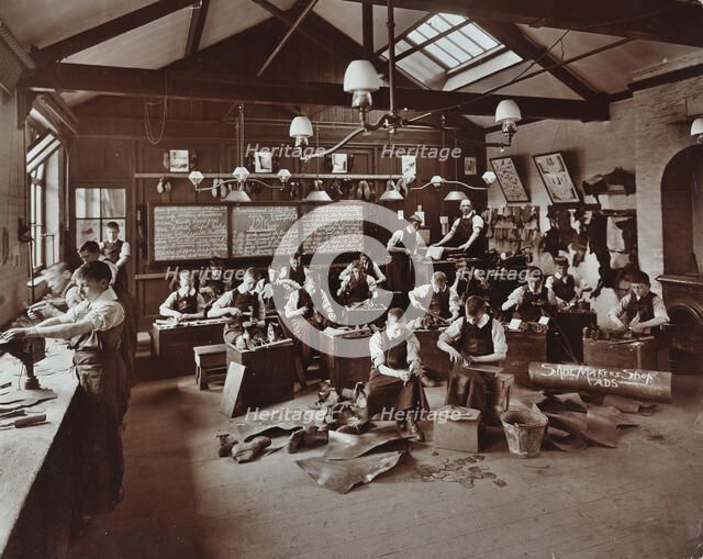 Boys making shoes at the Anerley Residential School for Elder Deaf Boys, Penge, 1908.  Artist: Unknown.