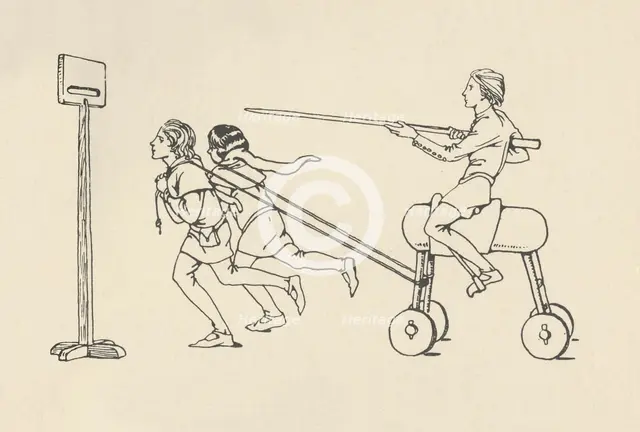 'Boys playing at Riding at the Quintain (Romance of Alexander, about 1340. Bodleian)', (1931). Artist: Charles Henry Bourne Quennell.