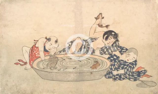 Boys Playing with a Basin of Fish and Turtles, early 19th century. Creator: Kitao Shigemasa.