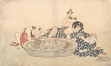 Boys Playing with a Basin of Fish and Turtles, early 19th century. Creator: Kitao Shigemasa