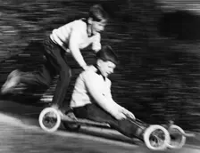 Boys playing with a home-made go-kart, Horley, Surrey, 1965
