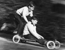 Boys playing with a home-made go-kart, Horley, Surrey, 1965