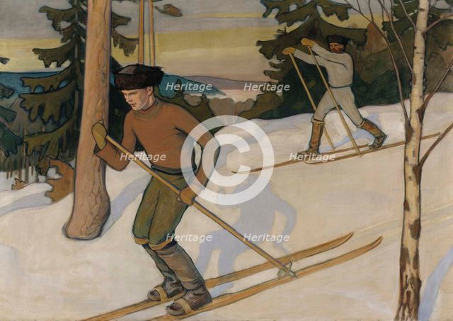 Boys Skiing, 1900. Creator: Vaino Blomstedt.