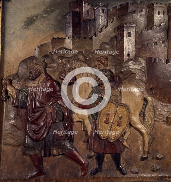 Boabdil leaving the Alhambra, bas-relief of the main altarpiece of the Royal Chapel..., 16th cent. Creator: Bigarny, Felipe (1475-1542).