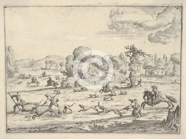Boar hunt in a landscape, ca. 1620-38. Creator: Ercole Bazicaluva.