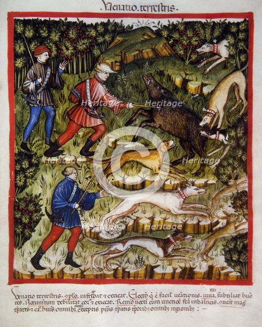 Boar hunting, 14th century.  Creator: Unknown.