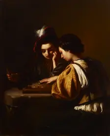 Board game players, 1858-1864. Creator: Ida Silfverberg
