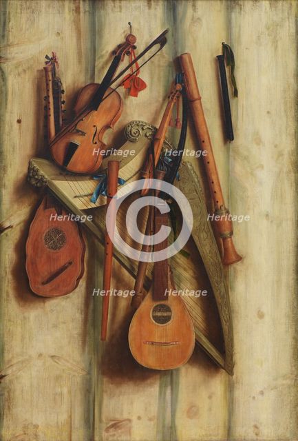 Board Partition with Musical Instruments. Trompe l'oeil, 1672. Creator: Franciscus Gysbrechts.