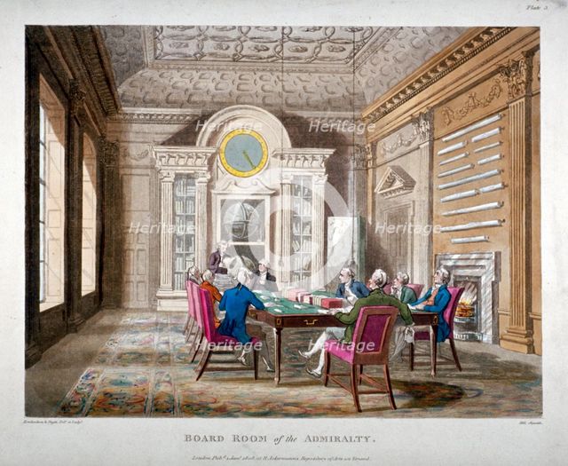 Boardroom of the Admiralty with a meeting in progress, Whitehall, Westminster, London, 1808. Artist: Augustus Charles Pugin