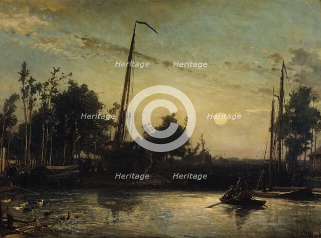 Boat under construction by the canal, Dutch landscape, 1857. Creator: Johan Barthold Jongkind.