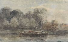 Boat with lowered mast lying ashore, 1828-1897. Creator: Adrianus Eversen