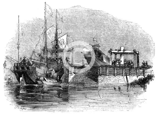 'Boat drawn over a sluice or lock on a canal', 1847. Artist: Giles