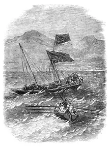 Boat from the "Madras" Steamer picking up an Arab Budgerow in the Red Sea, with Capt Gough..., 1857. Creator: Unknown