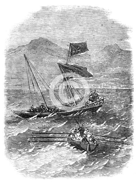 Boat from the "Madras" Steamer picking up an Arab Budgerow in the Red Sea, with Capt Gough..., 1857. Creator: Unknown.