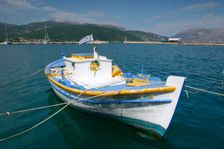 Boat in the harbour of Sami, Kefalonia, Greece. Creator: Peter Thompson