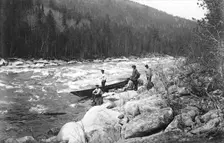 Boat on the Rocks Near the Mrassu Rapids, 1913. Creator: GI Ivanov
