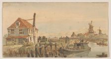 Boat on a canal, a house and two windmills, 1801-1873. Creator: George Pieter Westenberg