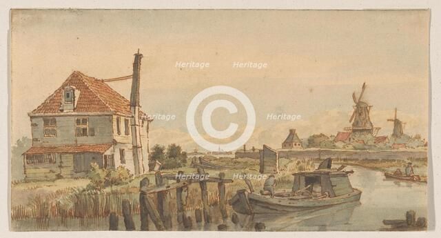 Boat on a canal, a house and two windmills, 1801-1873.  Creator: George Pieter Westenberg.