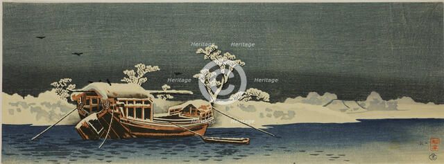 Boat on a river in snowy weather, before 1910. Creator: Takahashi, Hiroaki (1871-1945).