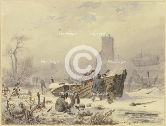 Boatman by a frozen ship, 1836-1837. Creator: Andreas Achenbach.