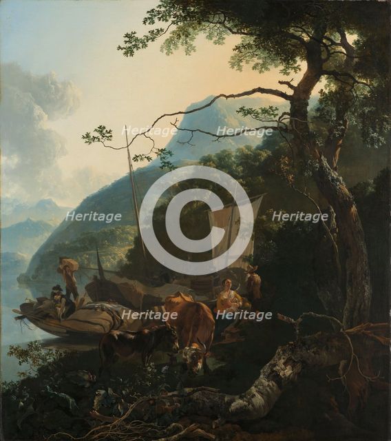 Boatmen Moored on the Shore of an Italian Lake, 1650-1670. Creator: Adam Pynacker.