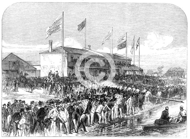 Boathouse at Putney: the Cambridge crew going out for practice, 1868. Creator: C. R..