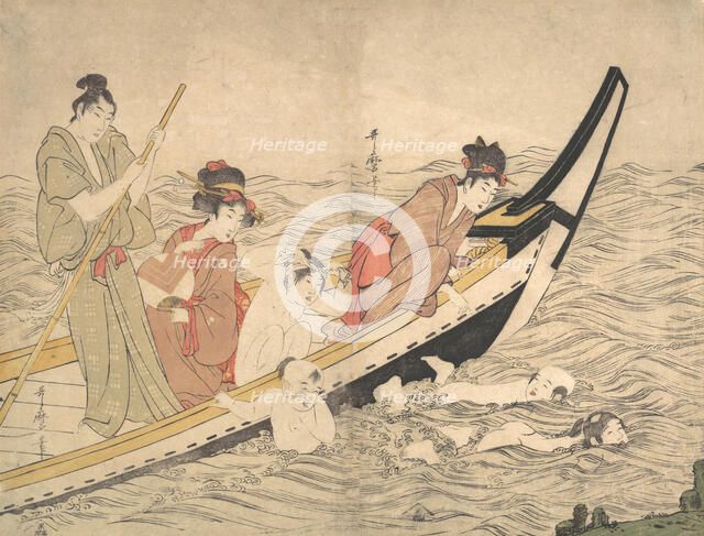 Boating Party with Children Swimming, late 18th century. Creator: Kitagawa Utamaro.