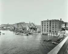 Boats and warehouses on the River Thames, Lambeth, London, 1906