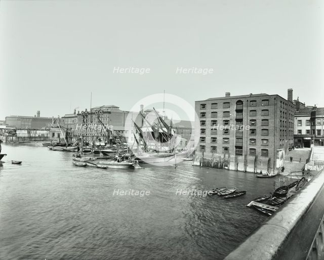 Boats and warehouses on the River Thames, Lambeth, London, 1906. Artist: Unknown.