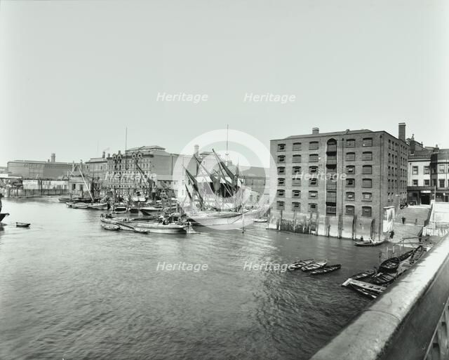 Boats and warehouses on the River Thames, Lambeth, London, 1906. Artist: Unknown.