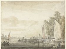 Boats at a jetty in a river, 1641-1642. Creator: Aelbert Cuyp